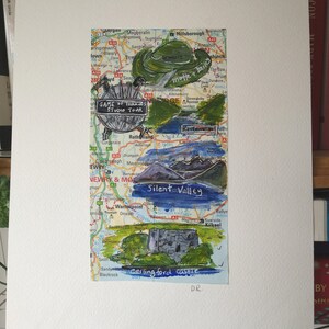 Carte illustrée peinte à la main de Dromore Banbridge Carlingford Castlewellan au format A4. Peinture originale.