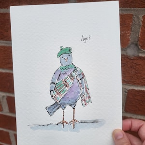 Scottish Pigeon hand drawn fun watercolour illustration. Original painting. A5 size. Signed. image 1