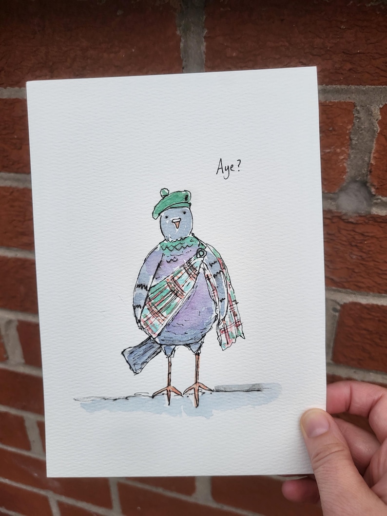 Scottish Pigeon hand drawn fun watercolour illustration. Original painting. A5 size. Signed. image 1