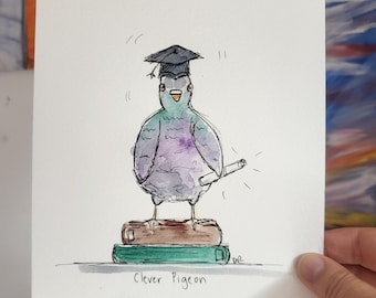 Clever Pigeon graduate student hand drawn fun watercolour illustration. Original painting. A5 size. Signed.