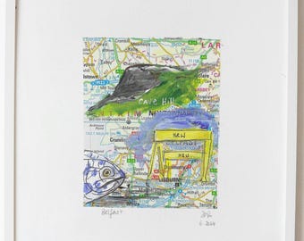 Belfast Map. Hand painted landmarks. PRINT. A4/ A3. Unframed.