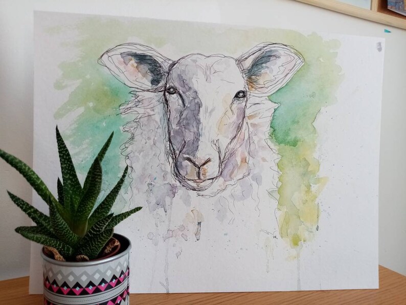 Peinture à l'aquarelle de moutons. Oeuvre originale. PRIX DE LIQUIDATION image 3