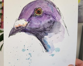 Pigeon hand drawn watercolour and pen painting. NOT a print.