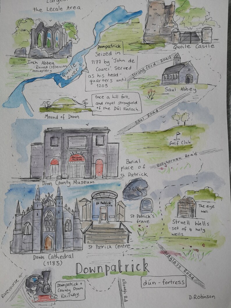 Downpatrick Hand Drawn Illustrated Map. Pen and Watercolour. Original ...
