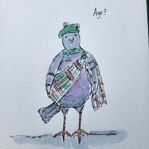 May include: A watercolor illustration of a grey pigeon wearing a green tam o' shanter hat and a green, red, and white plaid sash draped over its chest. The pigeon stands on thin orange legs, and the word Aye? is written in black ink above its head.