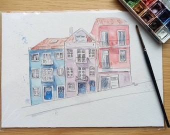 Colourful buildings painting. original work. Unframed