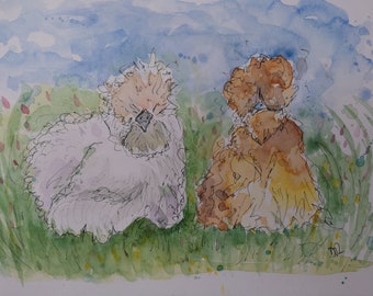 Silkies Hens original painting. A4 size Pen and watercolour. Unframed.