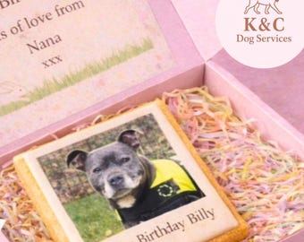 Personalised Dog Photo Biscuit Box, Custom Birthday Treat, Pet Photo Gift