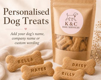 Galletas personalizadas para perros, premios con el nombre del perro, queso o mantequilla de cacahuete, hechas a mano en el Reino Unido.