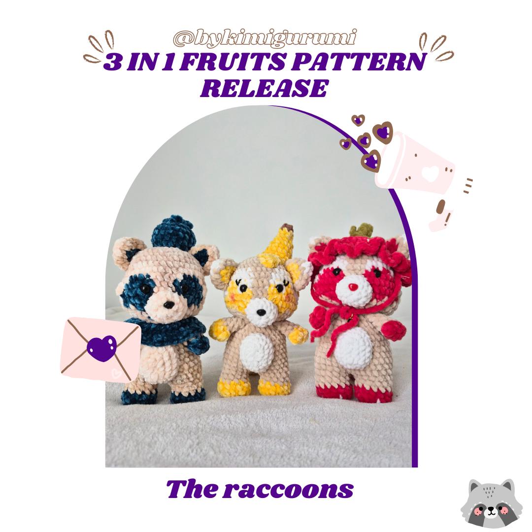 30 Raccoon Crochet Patterns for Woodland Amigurumi, Plushies, and Loveys 28 Three-in-One Fruits Raccoon Pattern