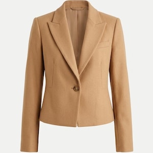 May include: A tailored, tan blazer with a single-button closure. The jacket features a notched lapel, a chest pocket, and two front pockets. The sleeves are long, and the blazer is made of a smooth fabric.