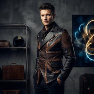 Blazer en cuir noir et marron pour homme, manteau en cuir steampunk vintage, veste de motard, vêtement gothique victorien pour homme, cadeau fait main