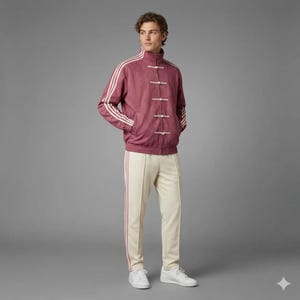 Puede incluir: Chaqueta deportiva burdeos con rayas blancas en las mangas y cuello mandarín. La chaqueta tiene cierre de botones. Los pantalones deportivos crema a juego tienen rayas burdeos en los laterales. El conjunto se completa con zapatillas blancas.