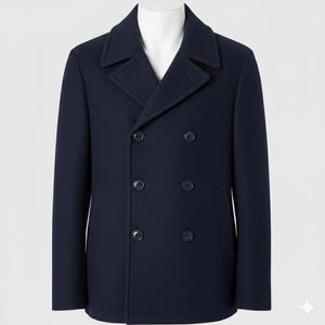 Puede incluir: Un abrigo tipo pea coat azul marino de doble botonadura con seis botones oscuros y dos bolsillos laterales. El abrigo tiene un cuello con solapas con muescas y se muestra en un maniquí blanco. El abrigo está hecho de una mezcla de lana.