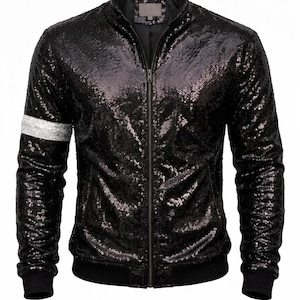 Black Sequin Jacket Men – Sparkly Zip Up Bomber – Party Clubwear Outfit – Shiny Glitter Jacket – Night Out Festival Fashion with free GIFT