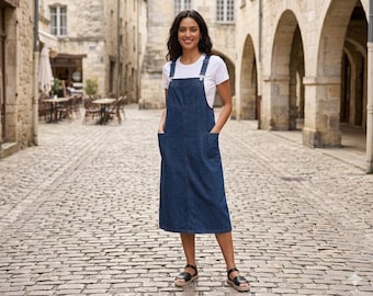 Denim Trägerkleid für Frauen - Langes Denim Overall Kleid - Lässiger Blauer Jeans Maxi Rock mit Taschen - Bescheidener Sommer Pullover Kleid -