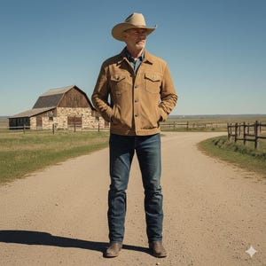 Puede incluir: Un hombre con sombrero de vaquero beige, chaqueta beige, vaqueros azules y botas marrones está de pie en un camino de tierra. Un granero está en el fondo bajo un cielo azul claro. La chaqueta tiene dos bolsillos en el pecho y botones.