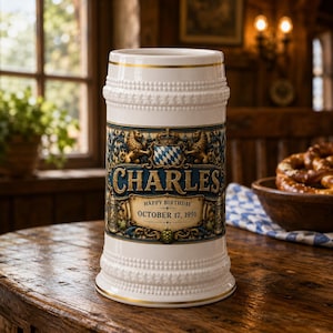 May include: A white ceramic beer stein featuring a blue and gold crest with two lions, the name CHARLES in large blue letters, and the text HAPPY BIRTHDAY OCTOBER 17, 1991. The stein has a beaded texture at the top and bottom with gold trim.
