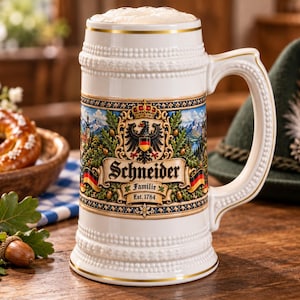May include: A white ceramic beer stein featuring a central crest with a black eagle, a crown, and the text Schneider Familie Est. 1784. The stein has a textured beaded rim and base, a sturdy handle, and colorful German flag accents on both sides.