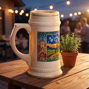 Może przedstawiać: Kremowy ceramiczny kufel do piwa z ozdobnym panelem przedstawiającym kolorową ilustrację europejskiego miasteczka i rozgwieżdżonego nieba. Imię Annika jest nadrukowane na drewnianym znaku wewnątrz grafiki, otoczonej motywem zielonego chmielu.