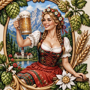 May include: A decorative wall plaque featuring a relief illustration of a smiling individual in a dirndl holding a beer stein. The scene includes a mountain landscape, a lake, a church, wheat stalks, green hops, and a white edelweiss flower.