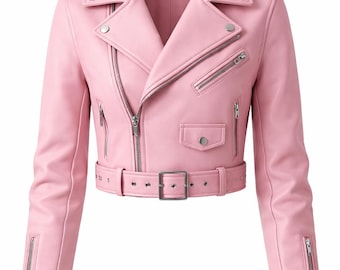 Pink Cropped Leather Biker Jacket for Women | Moto Style Slim Fit Coat