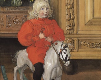 Carl Larsson Art Print, Larsson Watercolor of Murre, Portrait of Casimir Lauren by Larsson, Boy on Wooden Horse