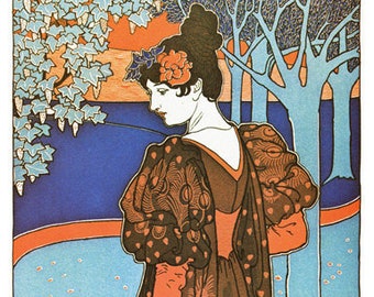 Peacock ART NOUVEAU Print of Woman with Peacocks from a Lithograph by artist Rhead