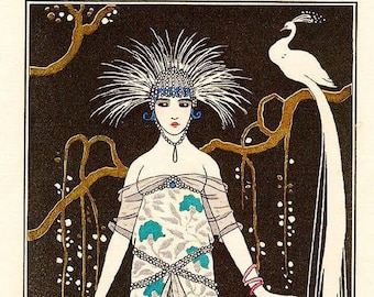 ART DECO Woman Print with Feathers Hair and White Peacock by Barbier