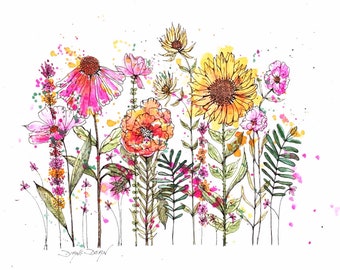 Beautiful Wildflower Print, Pen and Wash Flowers, Watercolor Floral, Diane Dean Artist