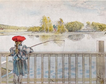 Home Decor/Farmhouse Decor Fine Art Print by famous Carl Larsson Swedish artitst of Lisbeth Fishing 1898