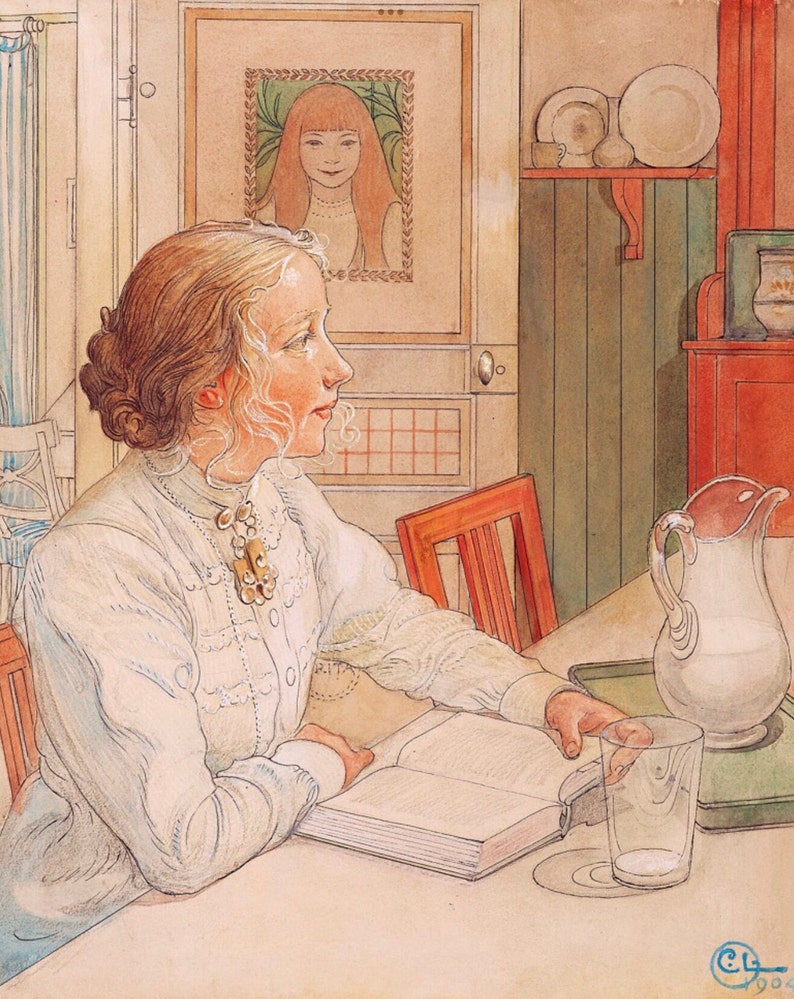 Carl Larsson Art Print of Daughter Reading, Swedish Interior, Swedish Art Print of Girl Reading at Table image 1