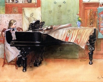 Swedish Print Artwork by Carl Larsson Swedish artist Playing Scales