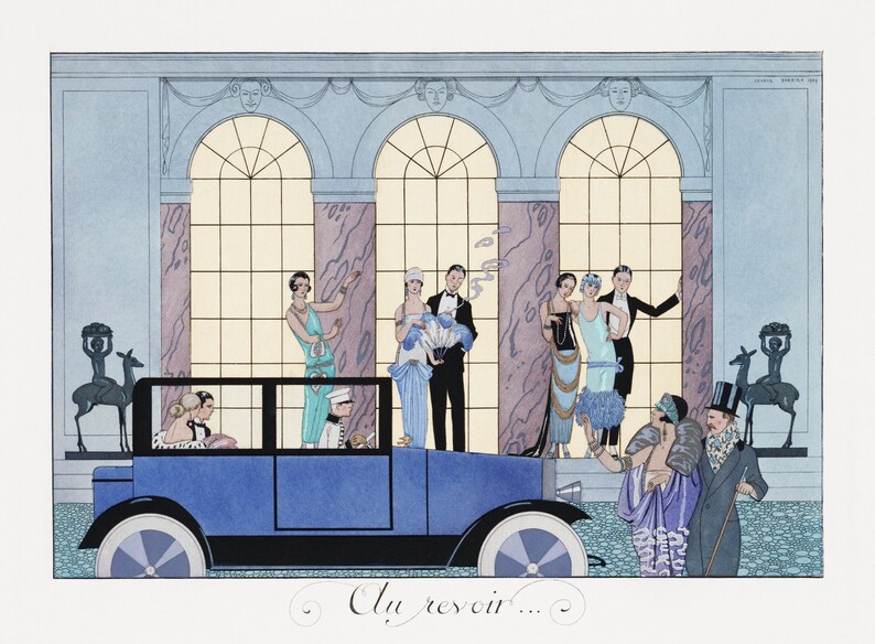 Art Deco Print of Au Revoir by Georges Barbier, Art Print of Party, Giclee Print of Bon Voyage, Art Print in Blue image 1