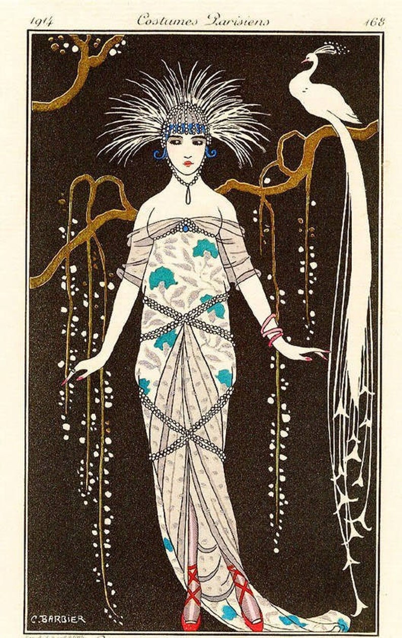 ART DECO Woman Print with Feathers Hair and White Peacock by Barbier image 1