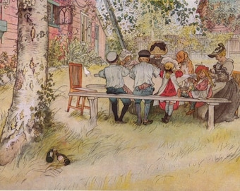 Famous Watercolor Print by Swedish artist Carl Larsson Breakfast Under the Birch