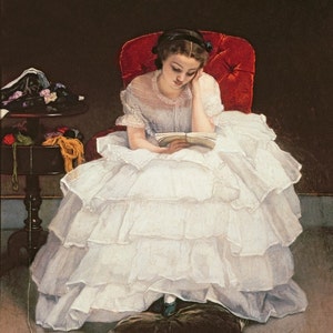 Fine Art Print of Beautiful Girl in Ruffled White Dress Reading a Book image 1