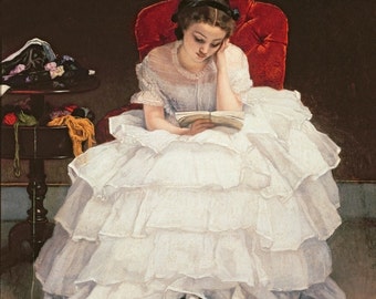 Fine Art Print of Beautiful Girl in Ruffled White Dress Reading a Book