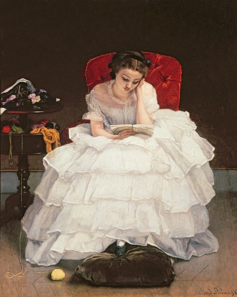 Fine Art Print of Beautiful Girl in Ruffled White Dress Reading a Book image 1