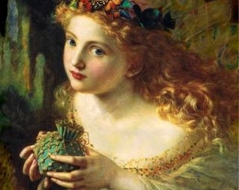 Home Decor Wall Hanging Art Print of Face of a Woman by Sophie Anderson.  Ethereal, fairy like child painting, with butterflies in hair.