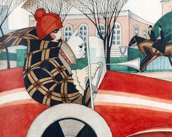 Art Nouveau Print by artist Gerda Wegener/sports car/flapper/dog