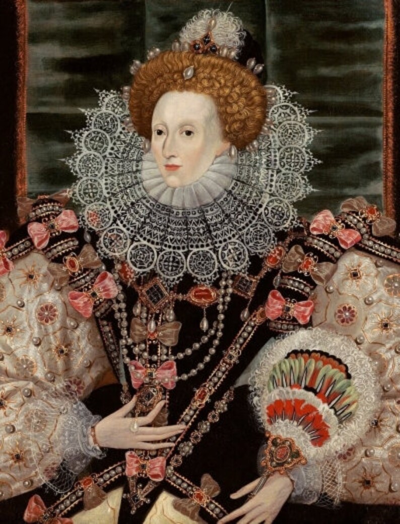 May include: A portrait of a woman wearing a white lace ruff, a black dress with pearl and jeweled embellishments, and a pink and green feathered fan. She has red hair and is wearing a pearl and jeweled crown.