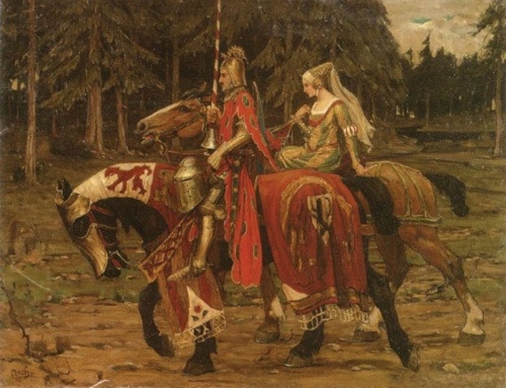 Medieval Knight Large Print and Lady on Horseback by Alphonse