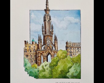 Edinburgh Art Print, Scott Monument Art Print, Watercolor Architecture, Scotland Art Print