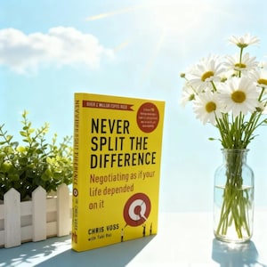 Könnte beinhalten: Ein gelbes Buch mit dem Titel "Never Split the Difference" von Chris Voss, neben einer Vase mit weißen Gänseblümchen und einem kleinen weißen Zaun. Der Hintergrund ist ein blauer Himmel mit Wolken.