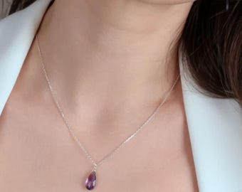 Amethyst Necklace, Purple Pendant , February Birthstone , Raw Teardrop, Minimalist Gemstone