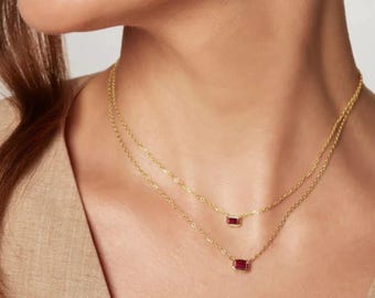 14k Gold Baguette Ruby Pendant  | Dainty Minimalist Bridal Jewelry | Stackable  for Women