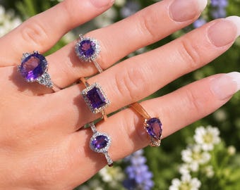 Amethyst Ring for Women . Emerald Cut February Birthstone Ring . Gemstone Jewelry