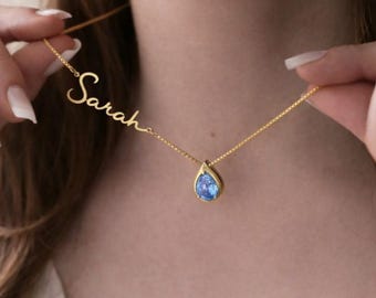 14Kt Gold London Blue Topaz Teardrop Necklace, November Birthstone Pendant necklace