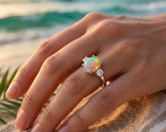 Colorful Opal Ring | Dainty Silver-Tone Band, Sparkling Accent Stones,Gift for her